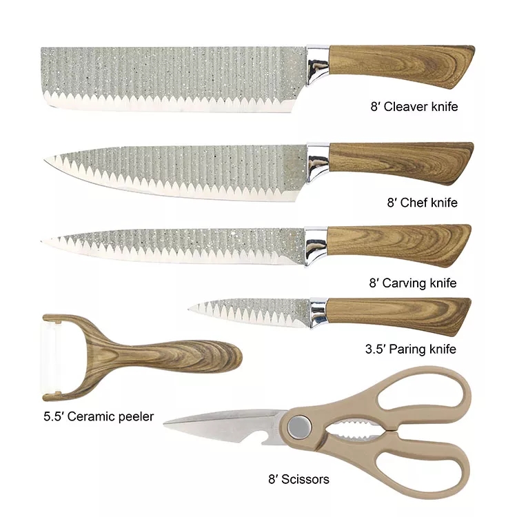 신형 실용 주방 칼 세트 나무 무늬 코팅 손잡이 가위와 가죽 깎는 칼